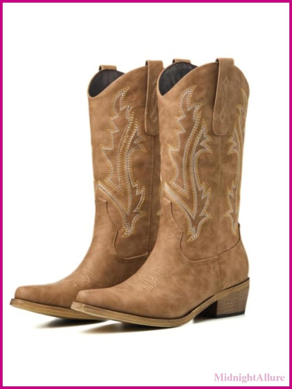 Embroidered Faux Leather Cowboy Boots Chunky Block Heel Square Toe Mid-Calf